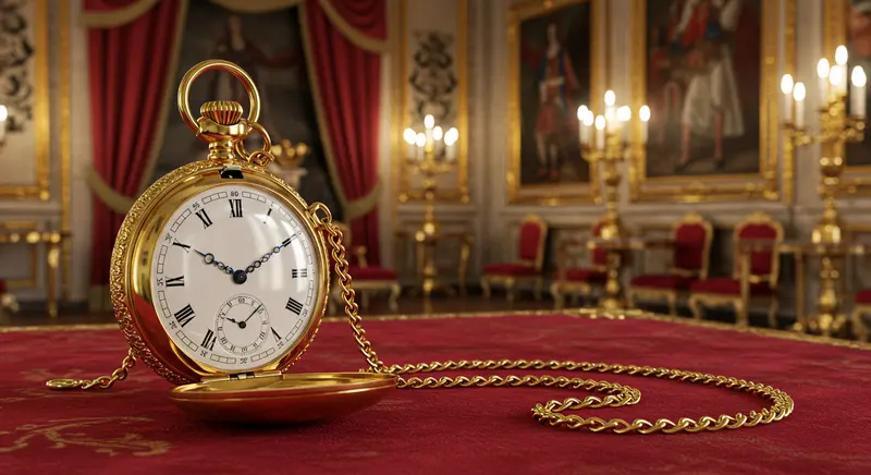 Ilustración dramática de un noble siendo decapitado en un cadalso mientras un reloj de bolsillo dorado cae de su mano. Simboliza el poder absoluto de Luis XIV sobre el tiempo.