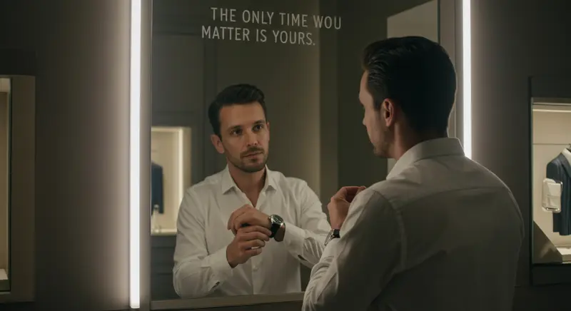 Hombre mirando su reloj en un momento de reflexión. La imagen transmite la idea del reloj como un objeto personal, una inversión en uno mismo, alejándose del concepto de regalo.