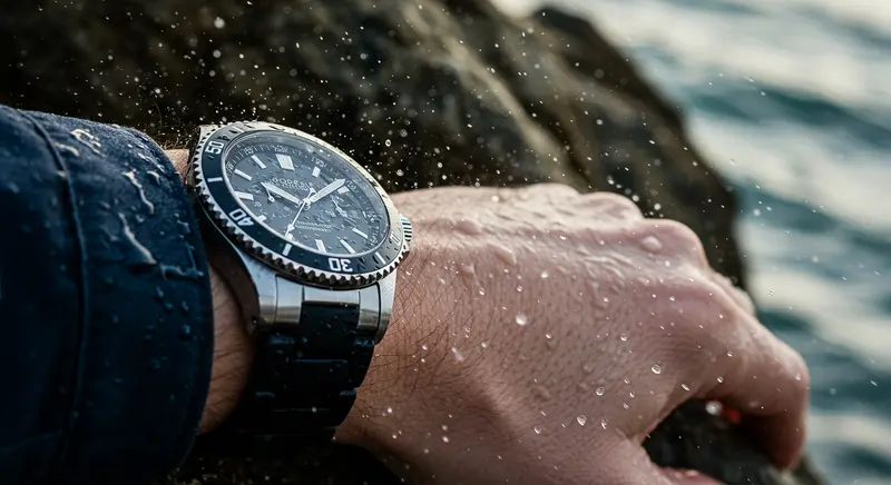 Impresionante imagen de un reloj de buceo resistiendo las salpicaduras del mar, destacando la funcionalidad y resistencia del bisel.