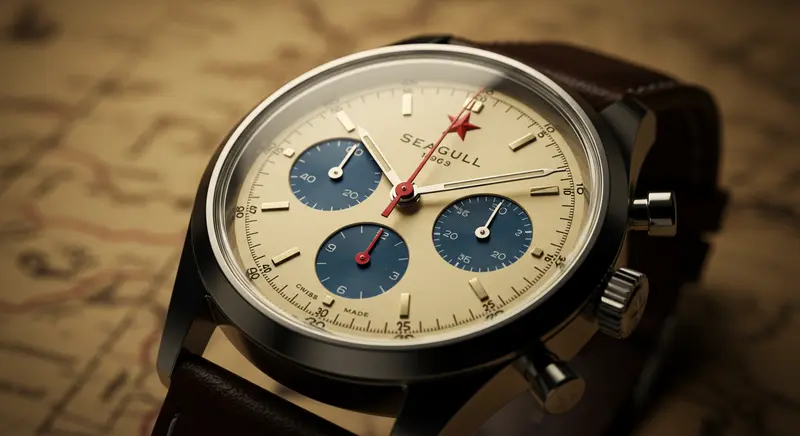 Primer plano de un reloj Seagull 1963 con su distintiva esfera color crema y estrella roja, representando la portada del artículo sobre la historia de Seagull.