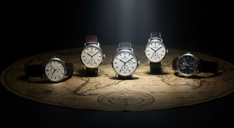 Varias cajas de relojes Seagull apiladas, simbolizando la expansión global y la diversidad de su colección.