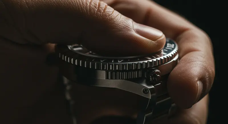 Imagen macro del mecanismo de clics de un bisel de reloj, mostrando la complejidad de su ingeniería interna.