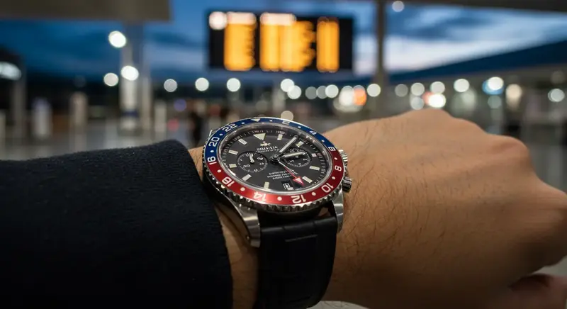Reloj de estilo viajero con un bisel GMT bicolor que permite leer una segunda zona horaria fácilmente.