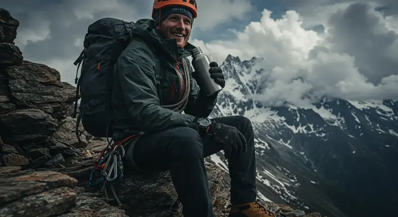 Un montañero consultando su reloj con bisel de brújula en un paisaje nevado, demostrando la utilidad del bisel en la aventura.