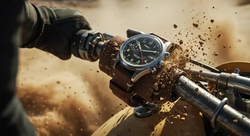 Hombre de pie junto a su moto en el desierto, mirando su reloj Timex.