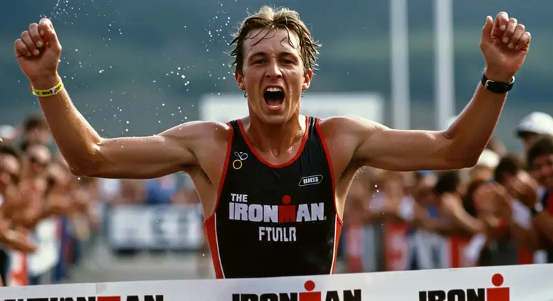 Atleta de triatlón cruzando la meta con un reloj Timex Ironman.