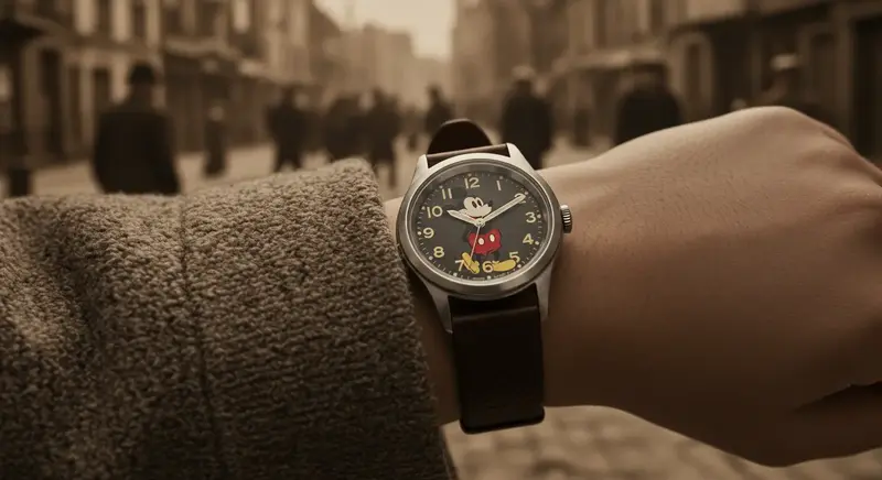 Reloj Timex con la figura de Mickey Mouse, con sus brazos funcionando como manecillas.