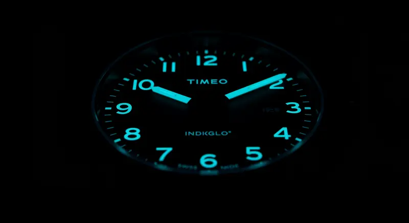 Reloj Timex con esfera iluminada por la noche, mostrando la tecnología Indiglo.
