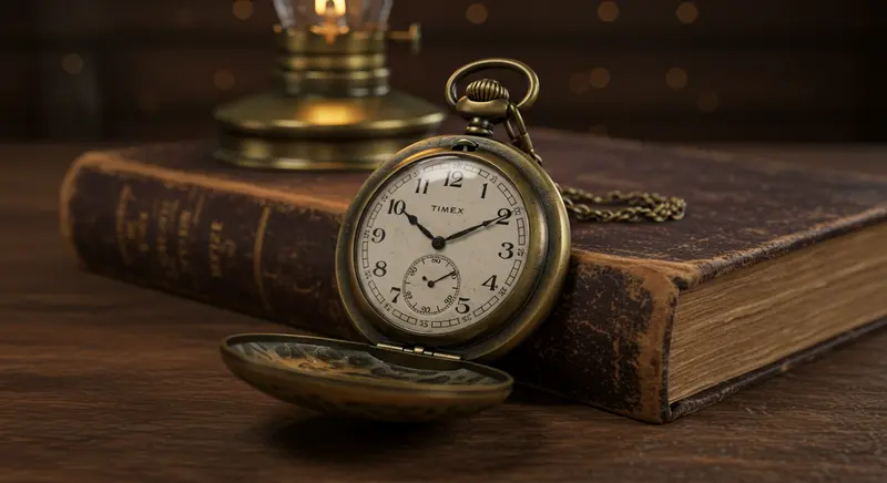 Reloj de bolsillo Timex 'Yankee' con un diseño antiguo, caja plateada y cadena.