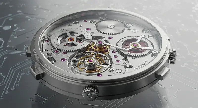 Macro de un mecanismo de tourbillon de un reloj Seagull, mostrando la complejidad y la precisión de la alta relojería china.