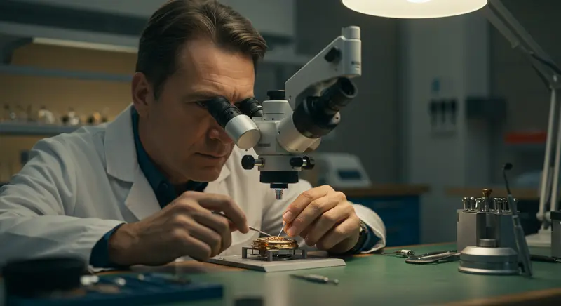 Relojero examinando un mecanismo con nanomateriales 2025 bajo microscopio