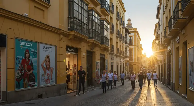Una larga fila de personas haciendo cola en la calle Velázquez, Sevilla, para comprar un reloj Swatch