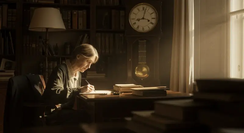Retrato de la escritora Virginia Woolf, con un reloj de péndulo en la sala, símbolo de su conexión emocional y literaria con el tiempo.