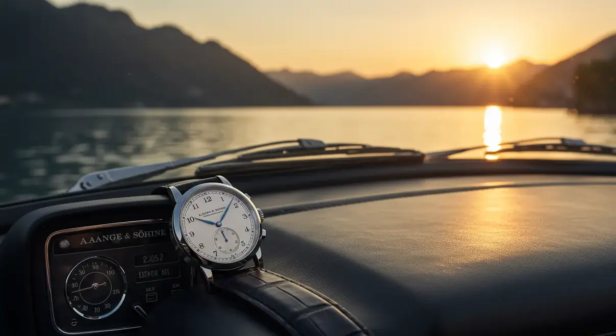 Reloj A. Lange & Söhne sobre el salpicadero de un coche clásico con el Lago de Como al fondo.