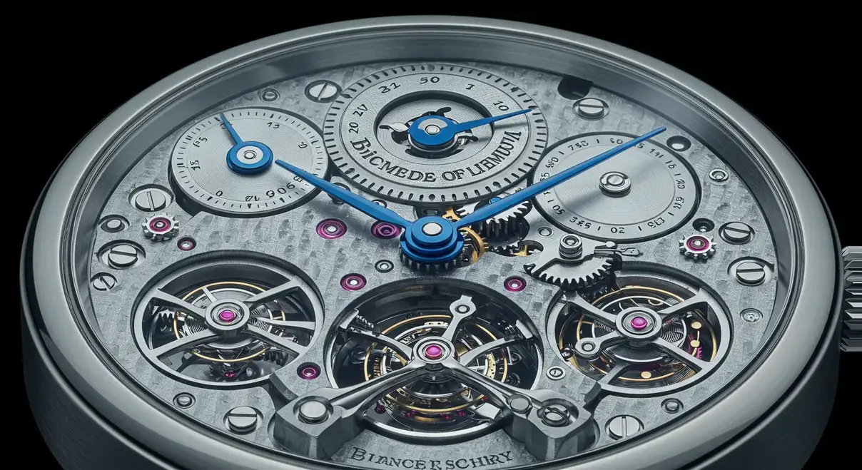 Foto macro del movimiento y el tourbillon del reloj Bianchet UltraFino Sapphire