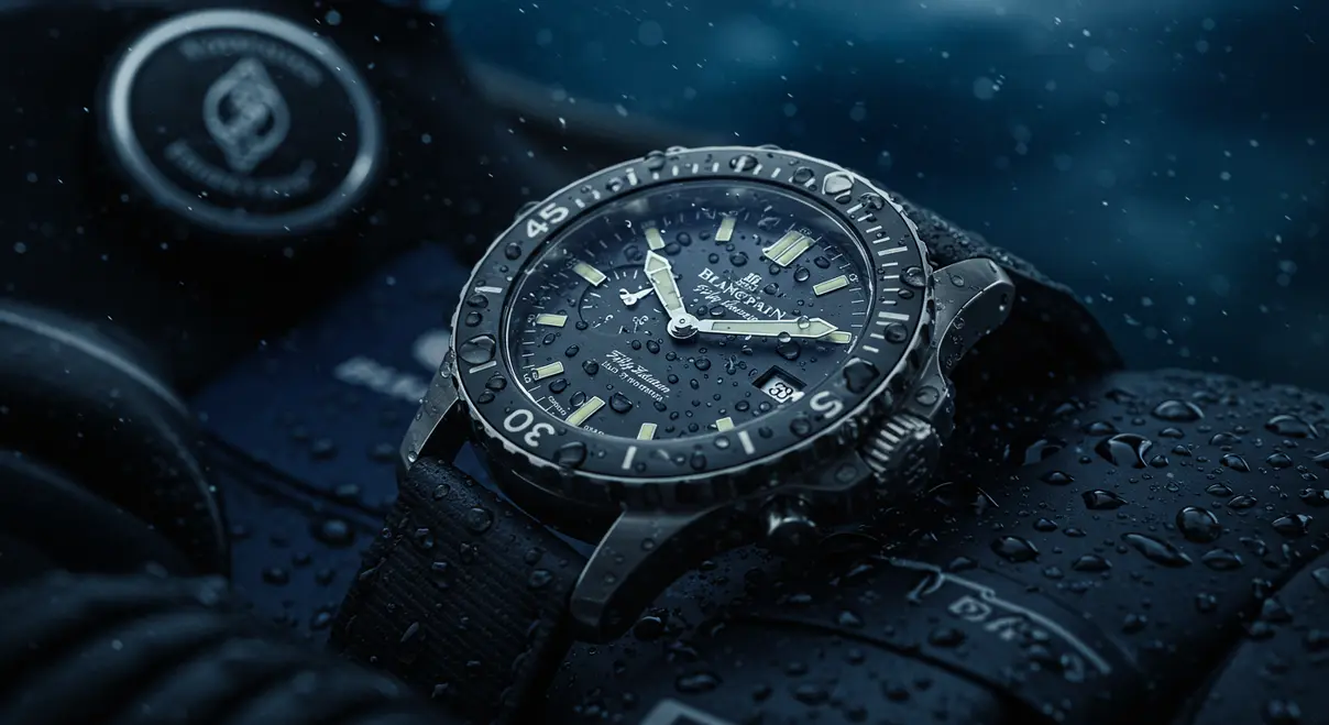 Reloj Blancpain Fifty Fathoms en un entorno submarino, símbolo del buceo profesional.