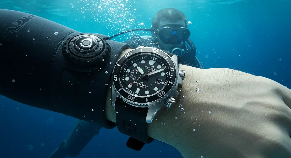 Buceador profesional usando un reloj Citizen Promaster en las profundidades del mar.