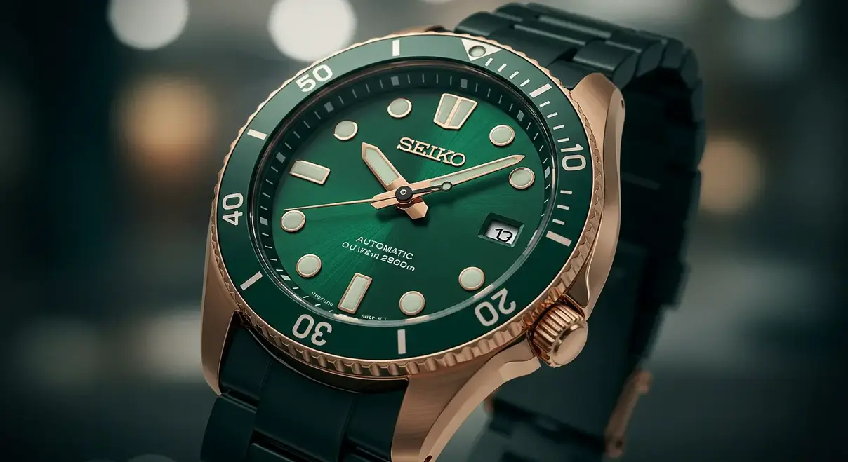 Seiko Mod de buceo con una llamativa esfera verde y bisel de cerámica negro.