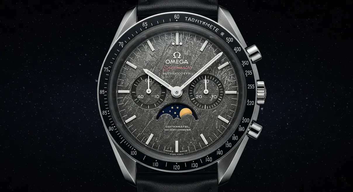 Omega Speedmaster Moonphase Meteorite, un ejemplo de innovación en materiales en los lanzamientos de relojes 2025.