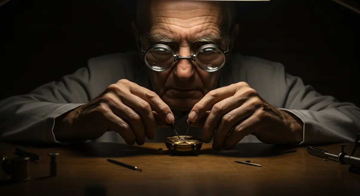 Primer plano de las manos de un maestro relojero realizando un pulido a mano en un componente de reloj, la máxima expresión del lujo artesanal.