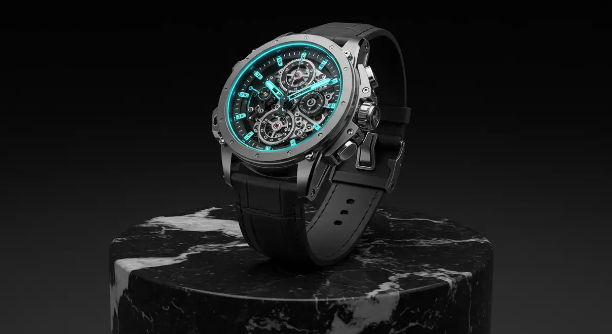 Prototipo de un reloj de lujo con una estructura orgánica dorada, diseñado en colaboración por humanos y una IA.