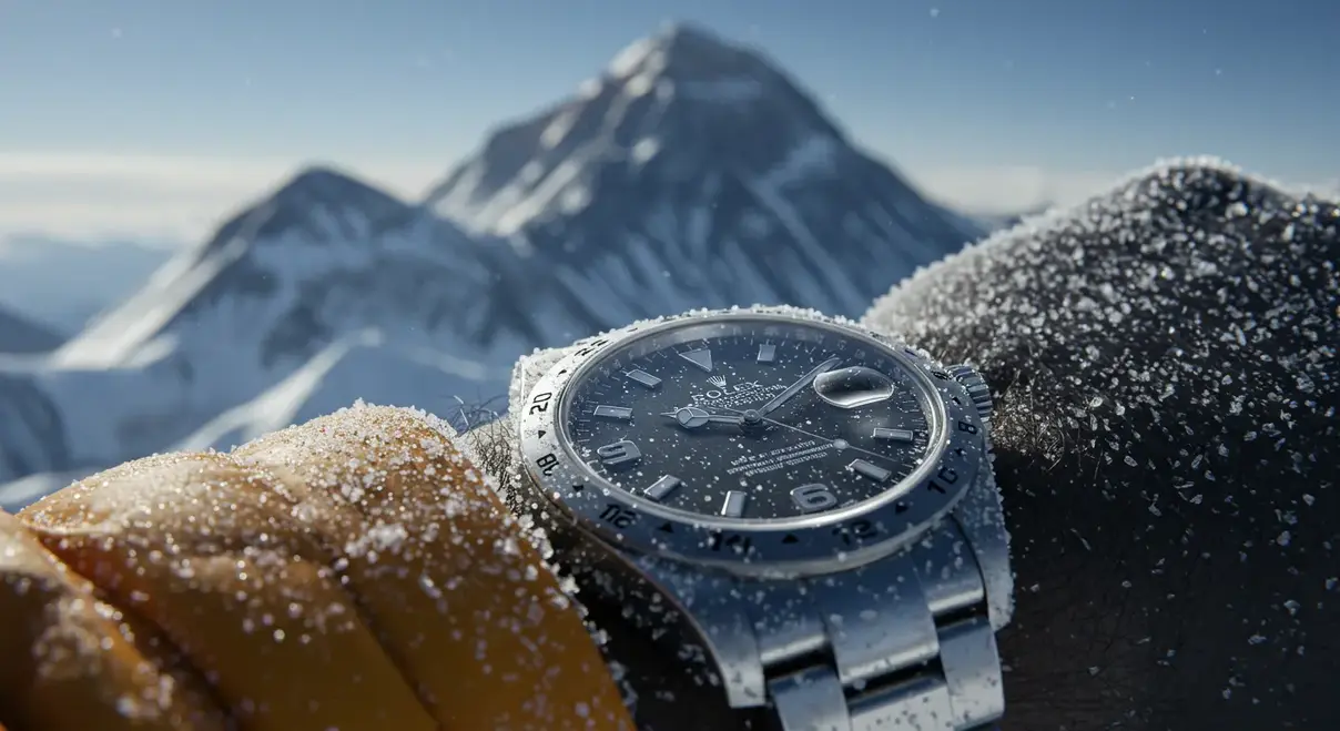 El reloj Rolex Explorer en la cima del Everest, símbolo de la exploración extrema.