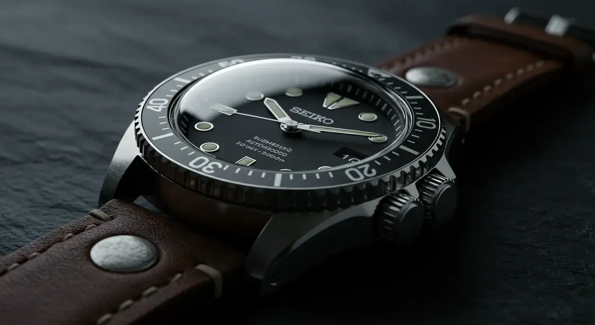 Reloj Seiko Mod de estilo aviador clásico con esfera negra y correa de cuero marrón.