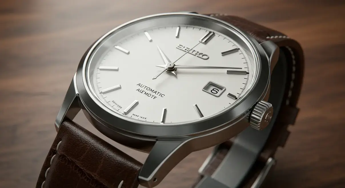 Elegante Seiko Mod de vestir con esfera blanca y caja pulida, un ejemplo de trabajo meticuloso.