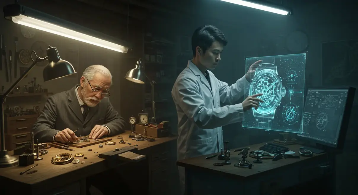 Taller de relojería futurista donde un artesano colabora con una interfaz de IA para el mecanizado de piezas CNC.
