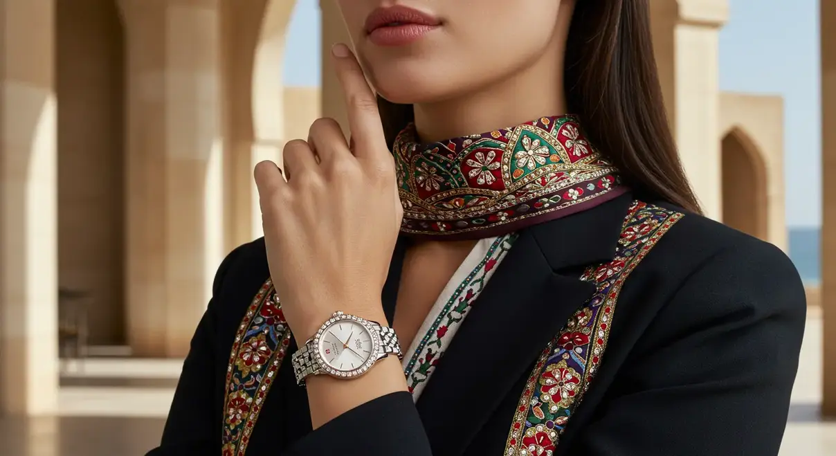 Mujer influyente de Oriente Medio con reloj elegante — Tiempo y Estilo