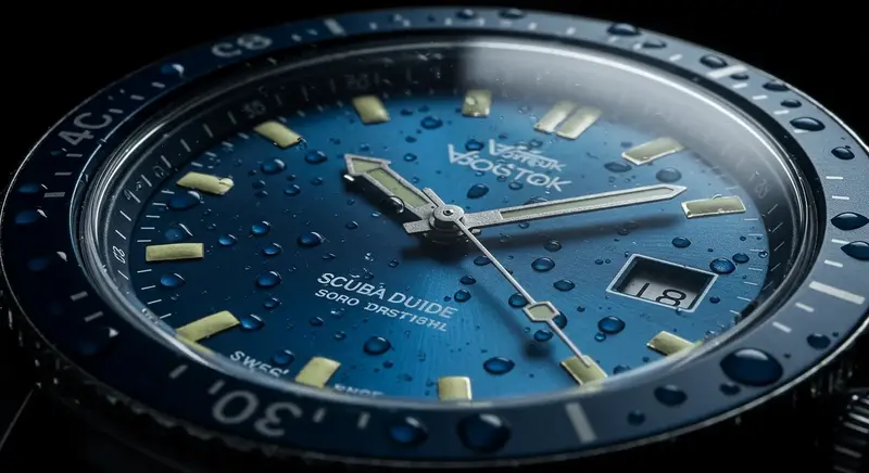 Primer plano del dial 'Scuba Dude', símbolo del diseño Vostok.