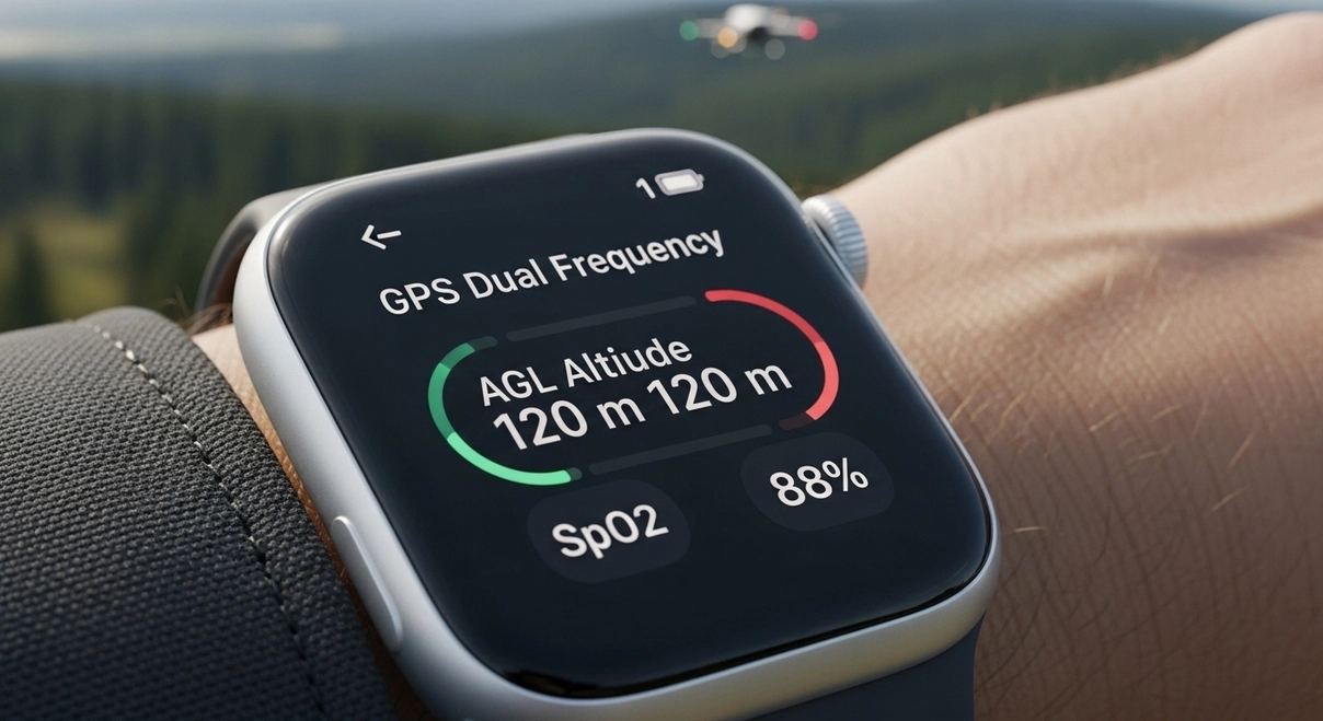 Primer plano de un reloj para pilotos de drones en acción