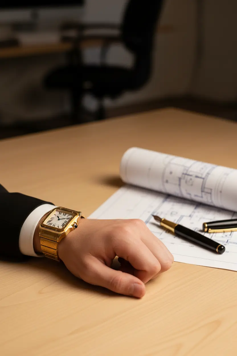 Fotografía del Cartier Santos-Dumont Small en oro amarillo, elegante y subestimado, con correa de piel.