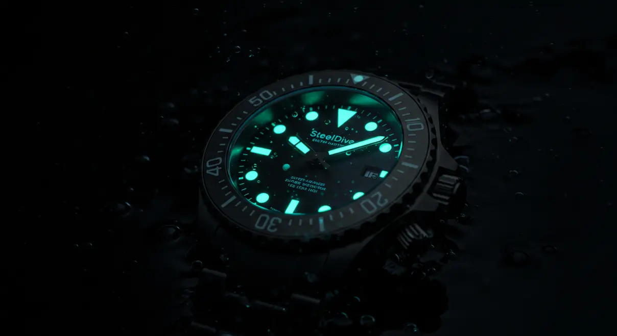 Primer plano de una esfera de reloj Steeldive en total oscuridad, con la luminiscencia (lume) encendida.