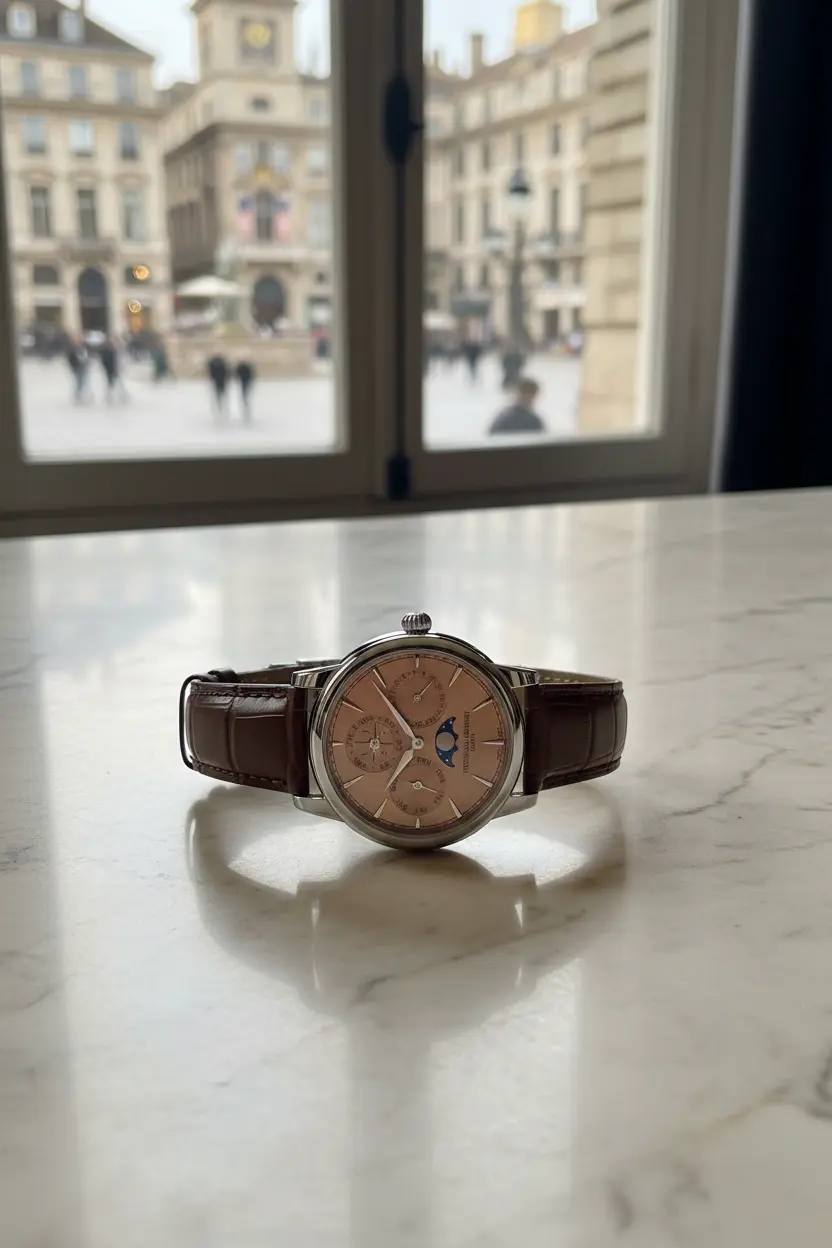 Frederique Constant Perpetual Calendar con esfera color salmón y subesferas de día y mes.