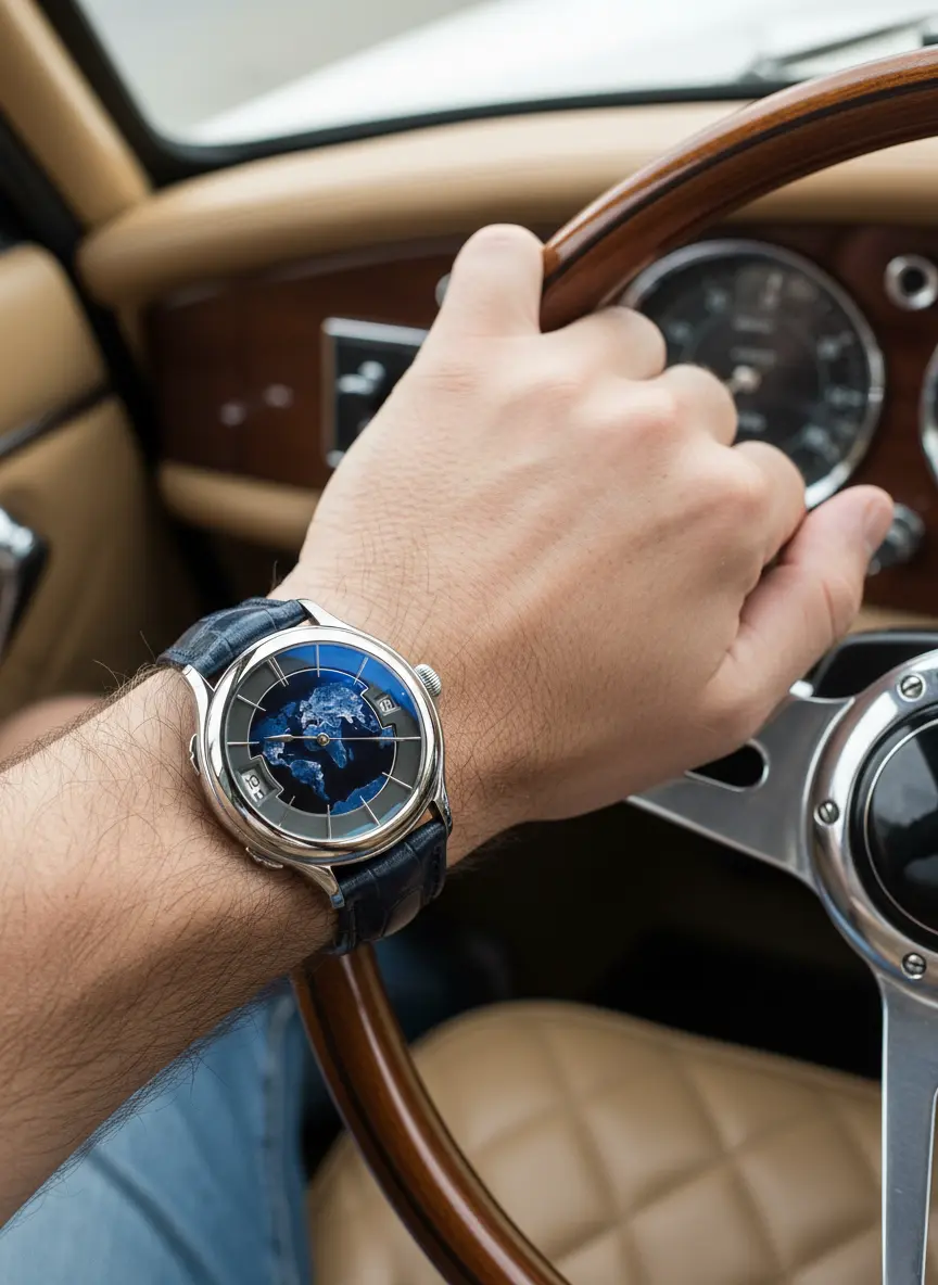 Laurent Ferrier Classic Traveller con esfera de esmalte azul noche y función GMT.