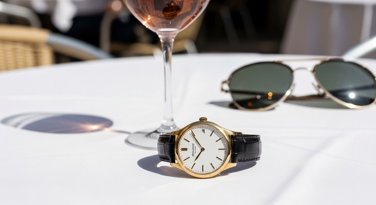 Primer plano de un Patek Philippe Calatrava, el modelo robado al arquitecto Santiago Calatrava en Valencia, destacando su vulnerabilidad.