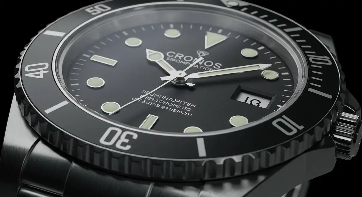 Primer plano de un reloj Cronos o San Martin en la muñeca, mostrando la calidad del brazalete de acero y el bisel.