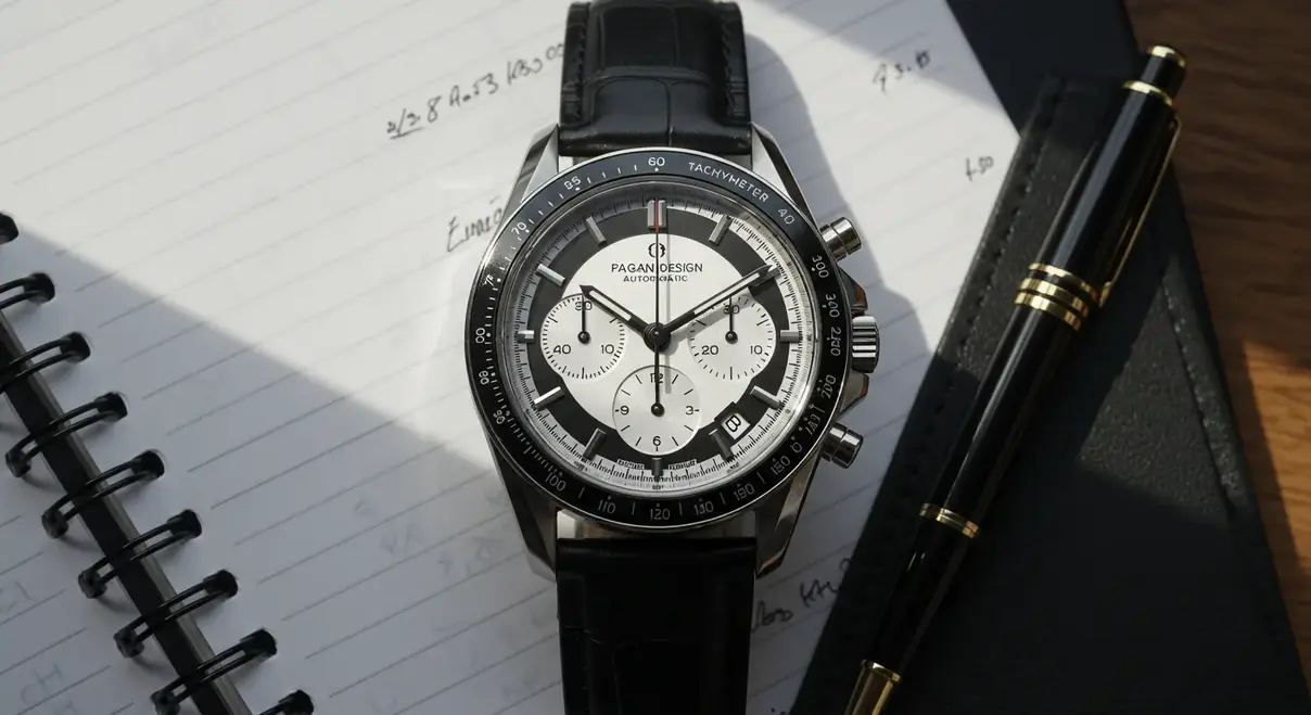 Reloj Pagani Design sobre un escritorio de lujo, mostrando el cristal de zafiro y el bisel cerámico.