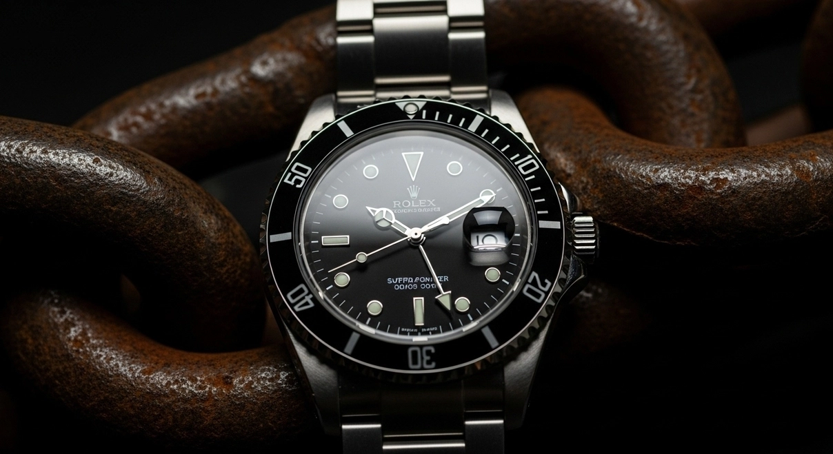 Imagen simbólica del tiempo encadenado, representando el Tiempo Robado y la esclavitud del lujo al crimen.