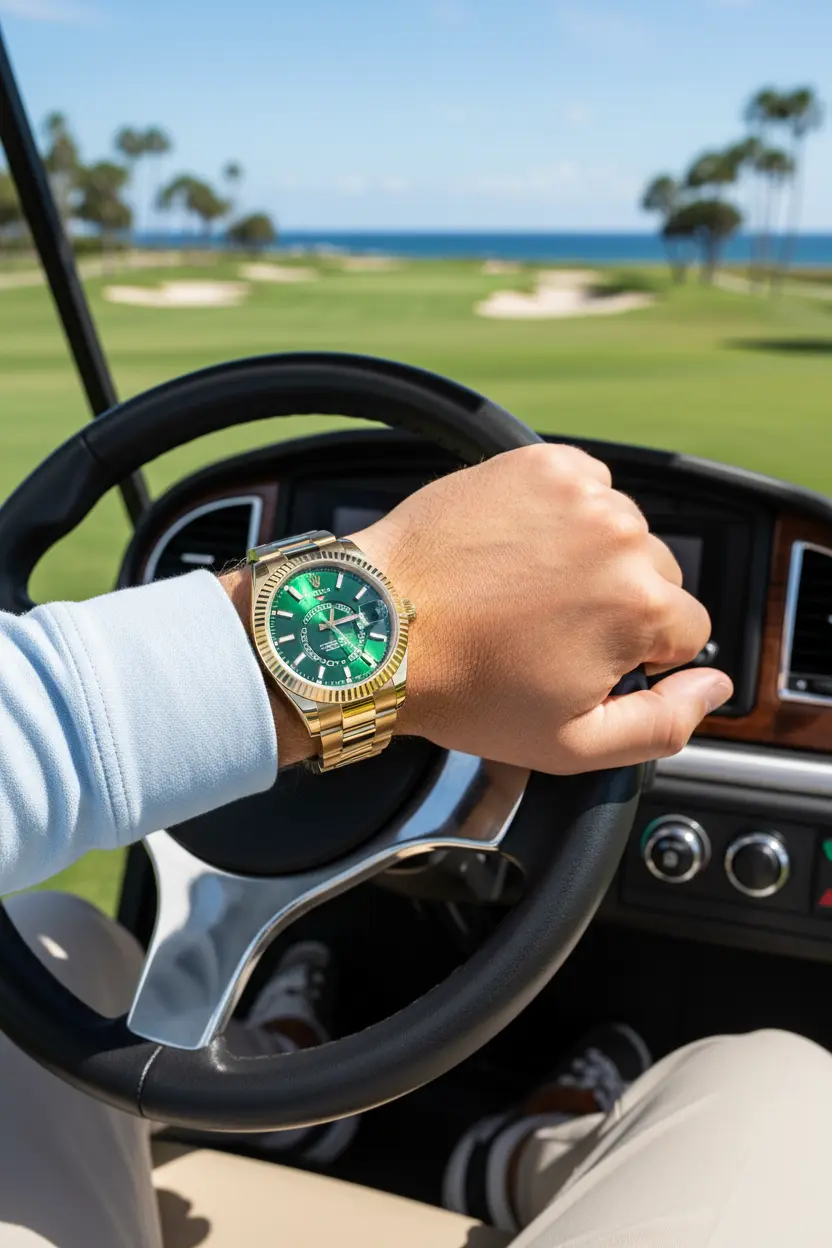 Primer plano del Rolex Sky-Dweller en oro amarillo con dial verde vibrante y bisel Ring Command.