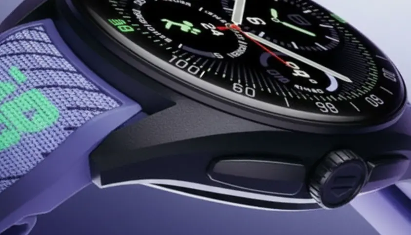 Detalle en primer plano del reloj TAG Heuer Calibre E5 junto a las zapatillas FuelCell SuperComp Elite v5