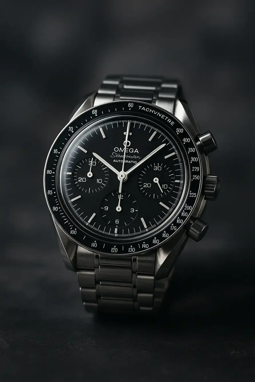 Cronógrafo legendario con esfera limpia y monocromática, evocando aventuras espaciales - tiempo-y-estilo