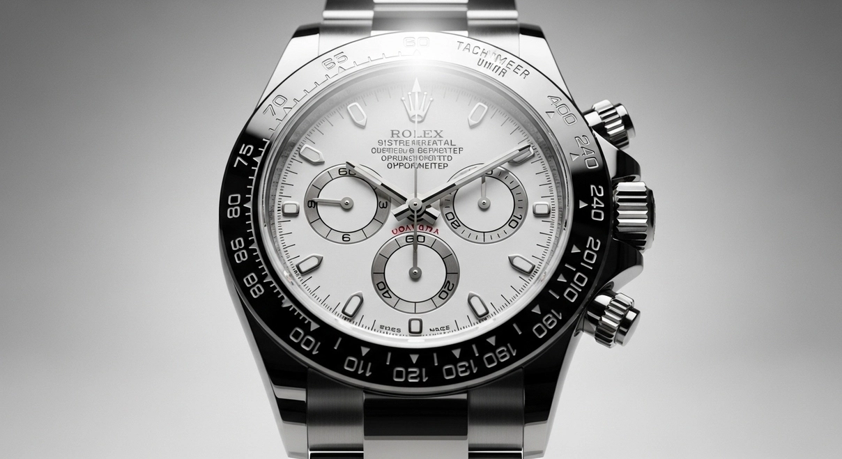 Cronógrafo de lujo con esfera blanca sofisticada, simbolizando velocidad y estatus eterno - tiempo-y-estilo