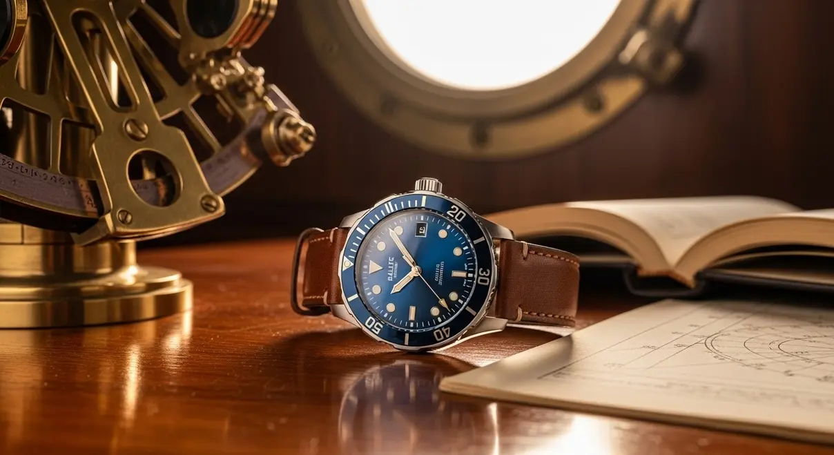 Vista plana de un reloj Baltic Aquascaphe de titanio azul con índices dorados.