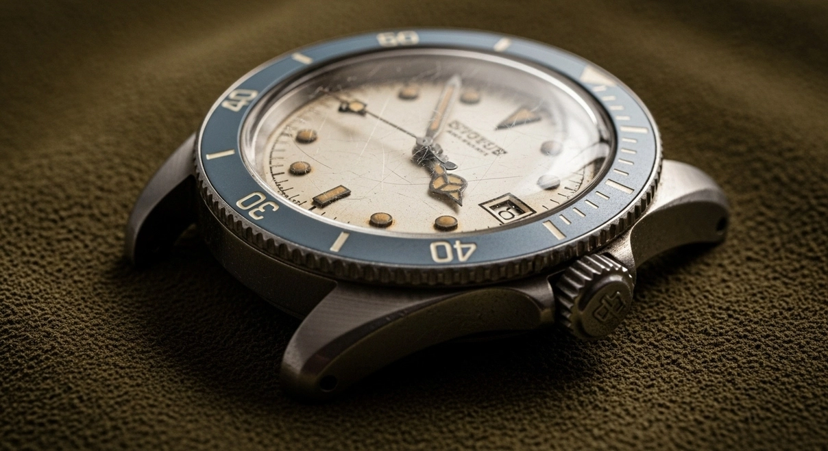 Coleccionista examinando pátina en reloj neo-vintage Rolex Submariner