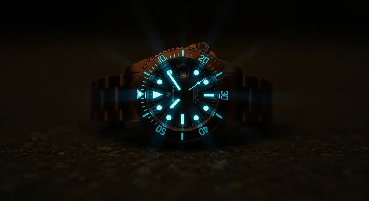 Reloj Cronos L6003 de bronce con esfera Full Lume brillando intensamente en la oscuridad.