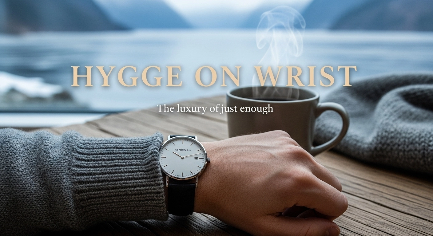 Nordgreen en hygge escandinavo: reloj minimalista junto a fiordo