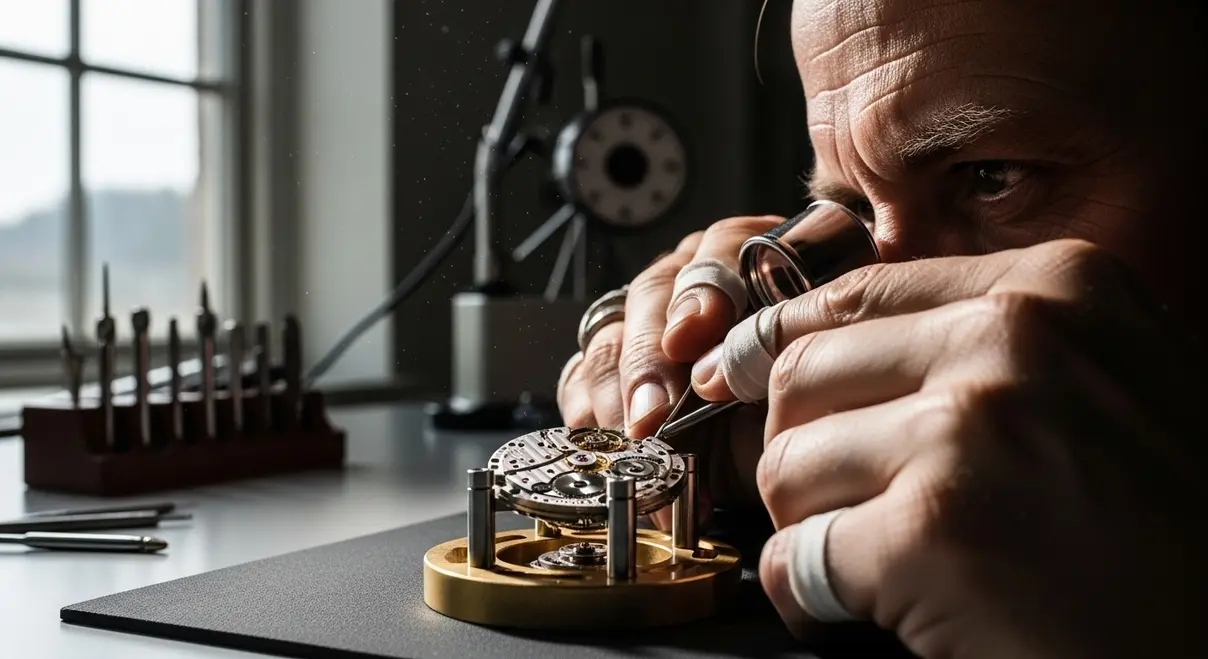 Maquinaria CNC suiza Hermle operando en un taller de relojería de alta precisión en China, simbolizando la calidad técnica avanzada.