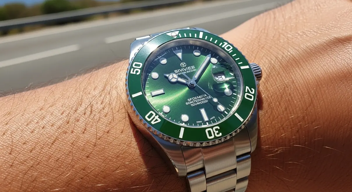 Foto de muñeca del Pagani Design Hulk Diver verde, un homage del Rolex Submariner.